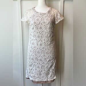 Loft Ann Taylor Size 6 Full Lace Lined Cream Colored Dress Knee Length Coquette